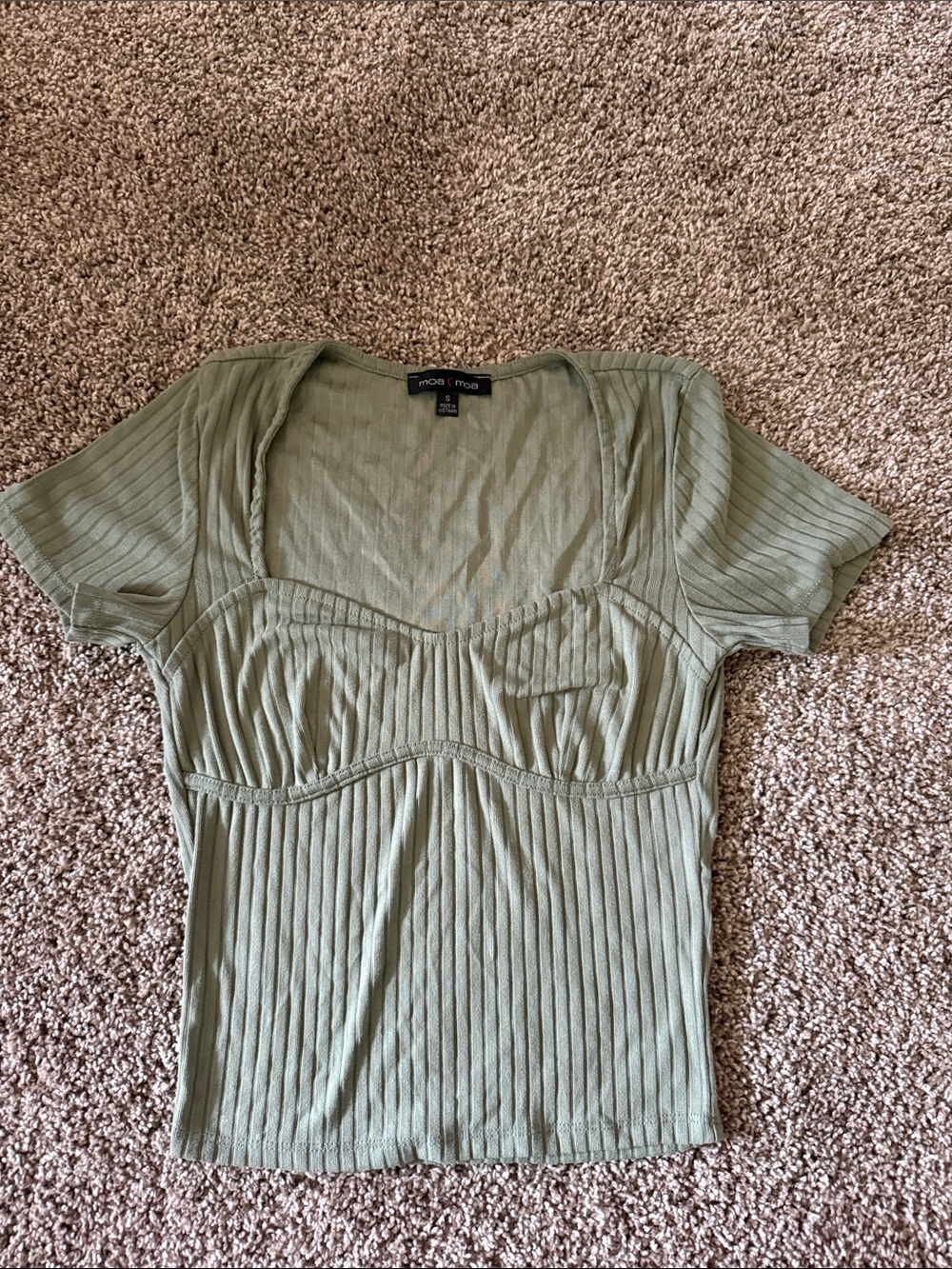 Moa Moa Olive Ribbed Sweetheart Neck Short Sleeve Top